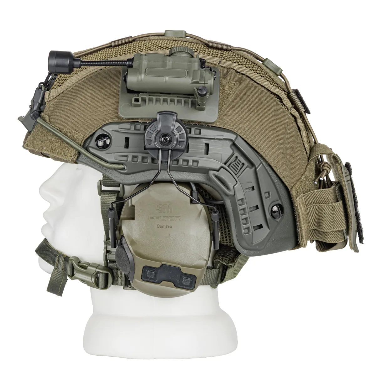 Side view of a high-cut helmet with a rail-mounted 3M Peltor ComTac headset and light mounted on the shell
