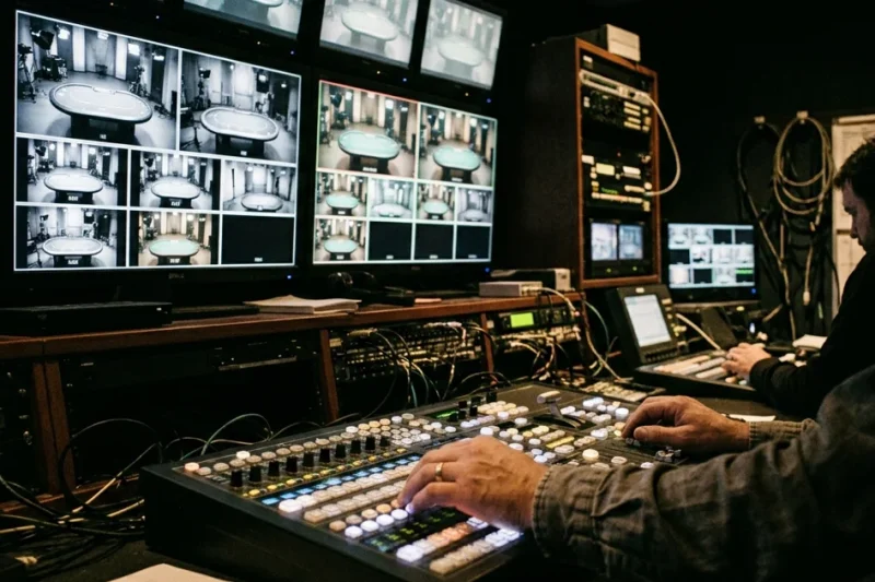 Technicians in a broadcast control room watching camera feeds of empty card tables