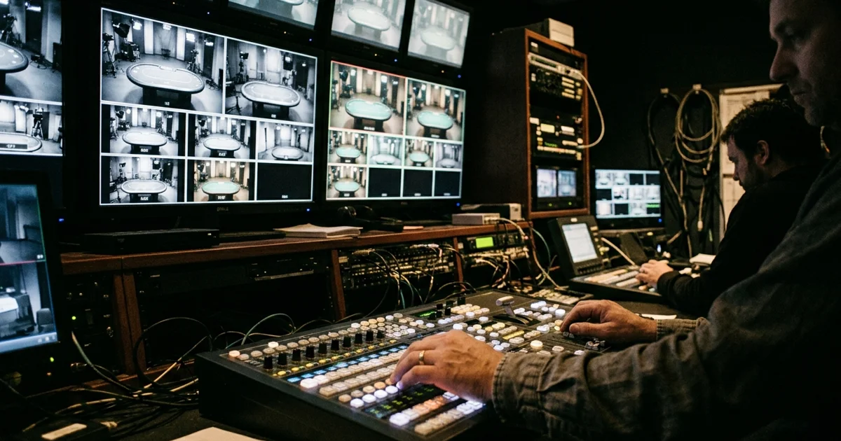 Technicians in a broadcast control room watching camera feeds of empty card tables
