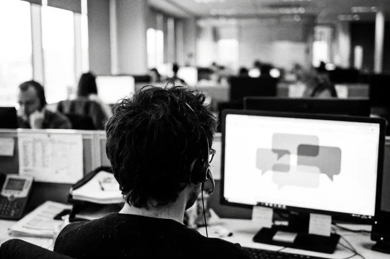 A customer support agent in a headset at a desk, facing a monitor showing chat bubbles