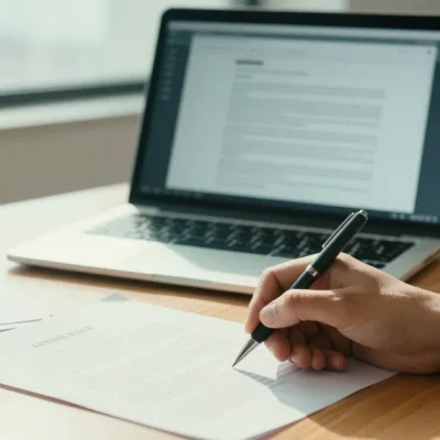 A hand signing a printed contract beside a laptop showing a PDF editor