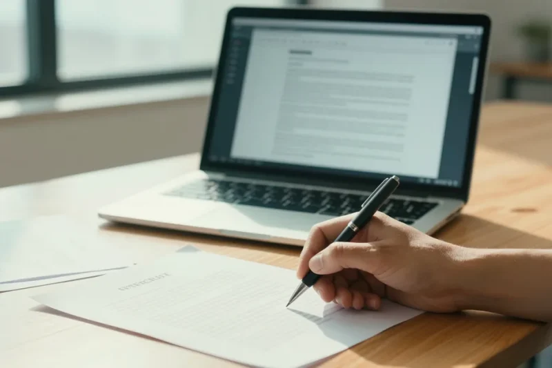 A hand signing a printed contract beside a laptop showing a PDF editor