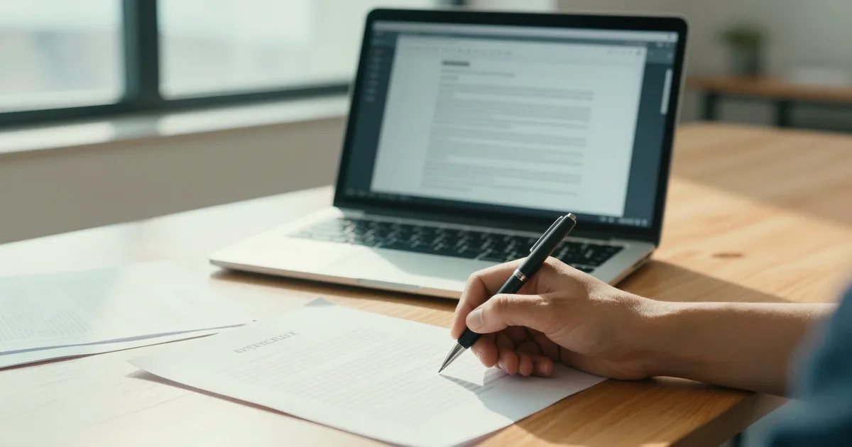 A hand signing a printed contract beside a laptop showing a PDF editor