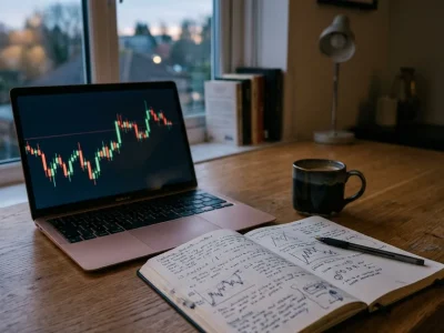 Laptop with a price chart beside an open trading journal on a wooden desk