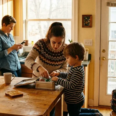 A caregiver helps a young child pack a lunchbox in a sunlit family kitchen while a parent checks a phone
