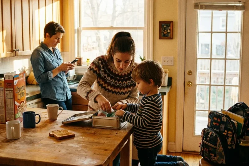 A caregiver helps a young child pack a lunchbox in a sunlit family kitchen while a parent checks a phone