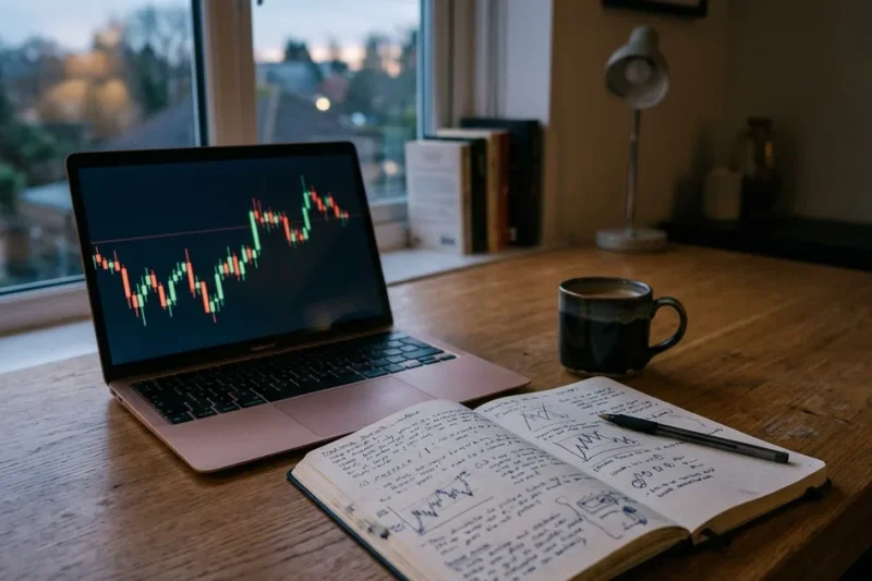 Laptop with a price chart beside an open trading journal on a wooden desk