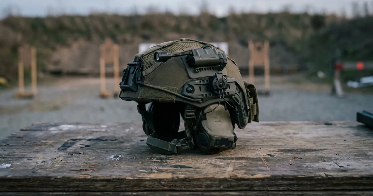 Olive tactical helmet with a rail-mounted electronic headset resting on a wooden table at an outdoor shooting range