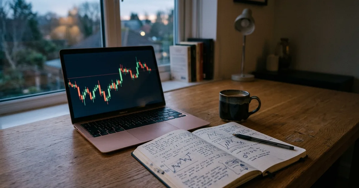 Laptop with a price chart beside an open trading journal on a wooden desk