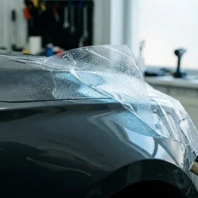 Gloved installer applying clear protective film to the fender of a dark car in a detailing bay