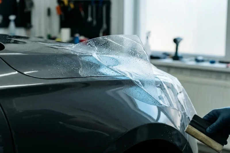 Gloved installer applying clear protective film to the fender of a dark car in a detailing bay