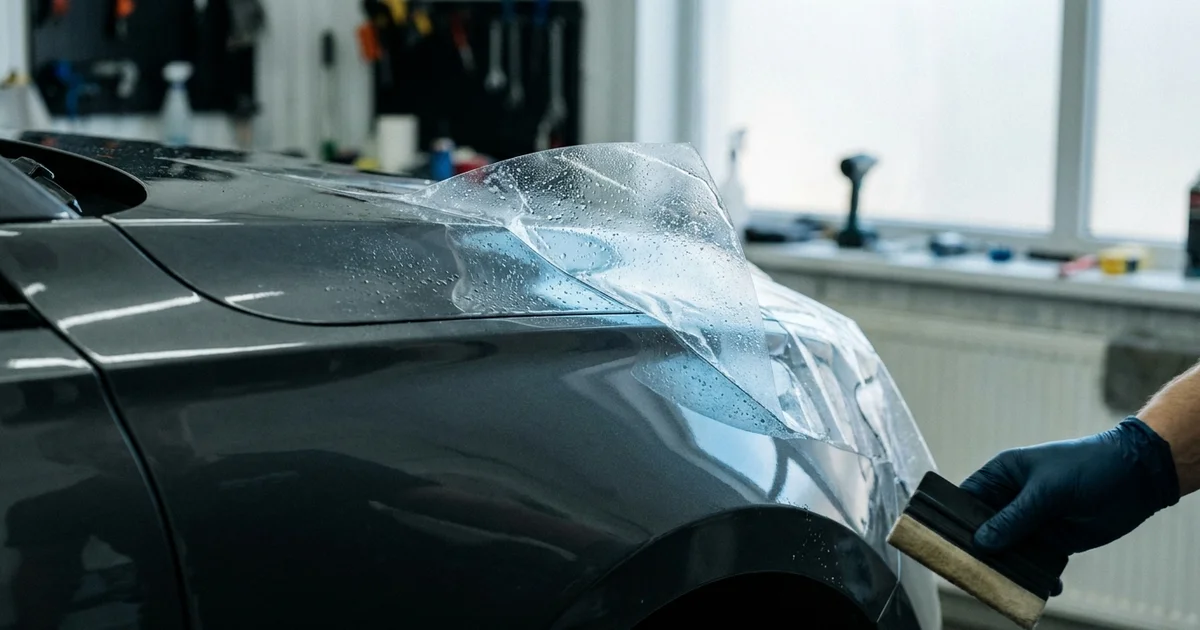 Gloved installer applying clear protective film to the fender of a dark car in a detailing bay