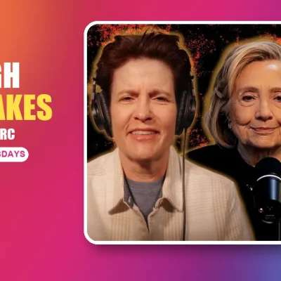 Kara Swisher and Hillary Clinton side by side at the microphones for the High Stakes podcast, against a bright red, magenta and blue background