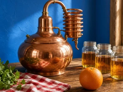 A gleaming copper pot still beside jars of amber whiskey, an orange and a checked cloth on a wooden counter against a blue wall