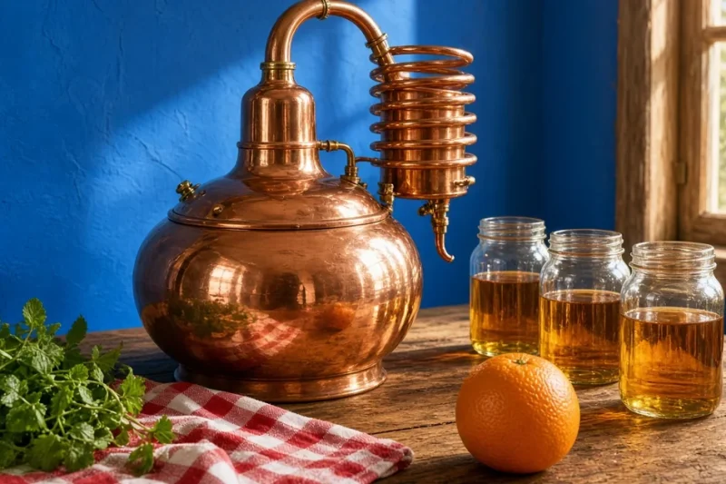 A gleaming copper pot still beside jars of amber whiskey, an orange and a checked cloth on a wooden counter against a blue wall