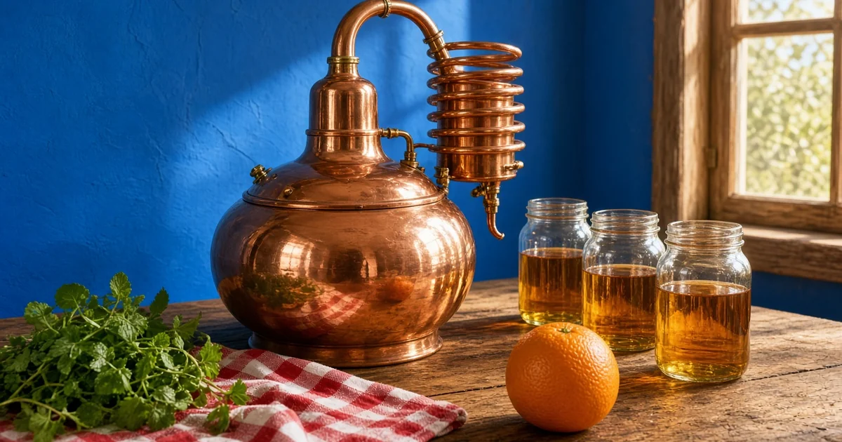 A gleaming copper pot still beside jars of amber whiskey, an orange and a checked cloth on a wooden counter against a blue wall