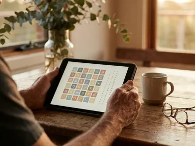 Person holding a tablet showing a grid of symbols and number columns at a wooden table