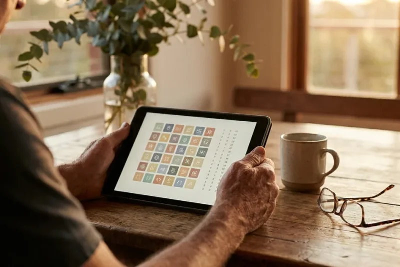 Person holding a tablet showing a grid of symbols and number columns at a wooden table