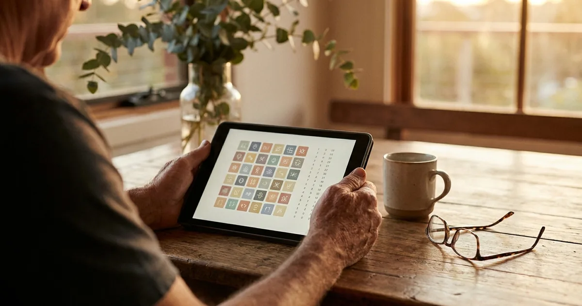Person holding a tablet showing a grid of symbols and number columns at a wooden table