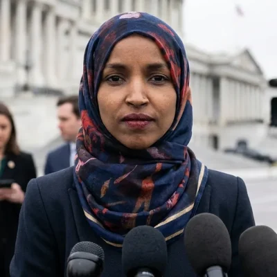 Rep. Ilhan Omar in a navy blazer and patterned hijab speaks into a cluster of microphones outside the US Capitol as reporters and a camera operator look on