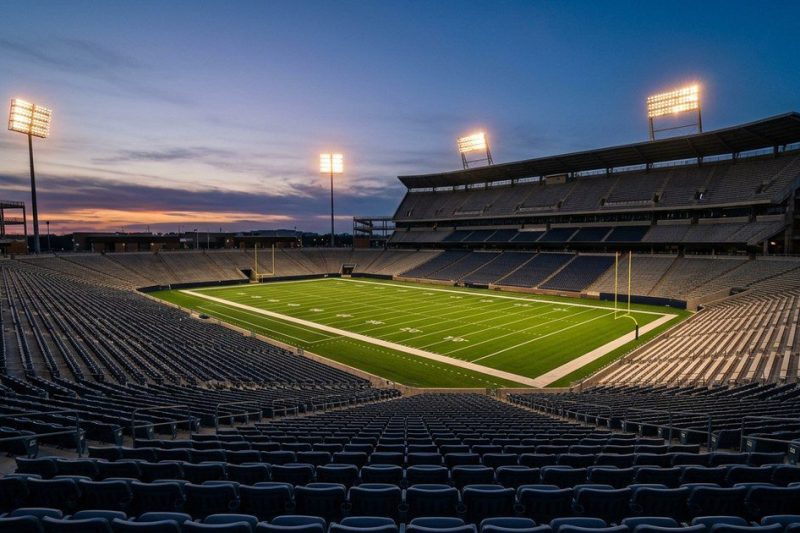 Empty football stadium at dusk with floodlights on