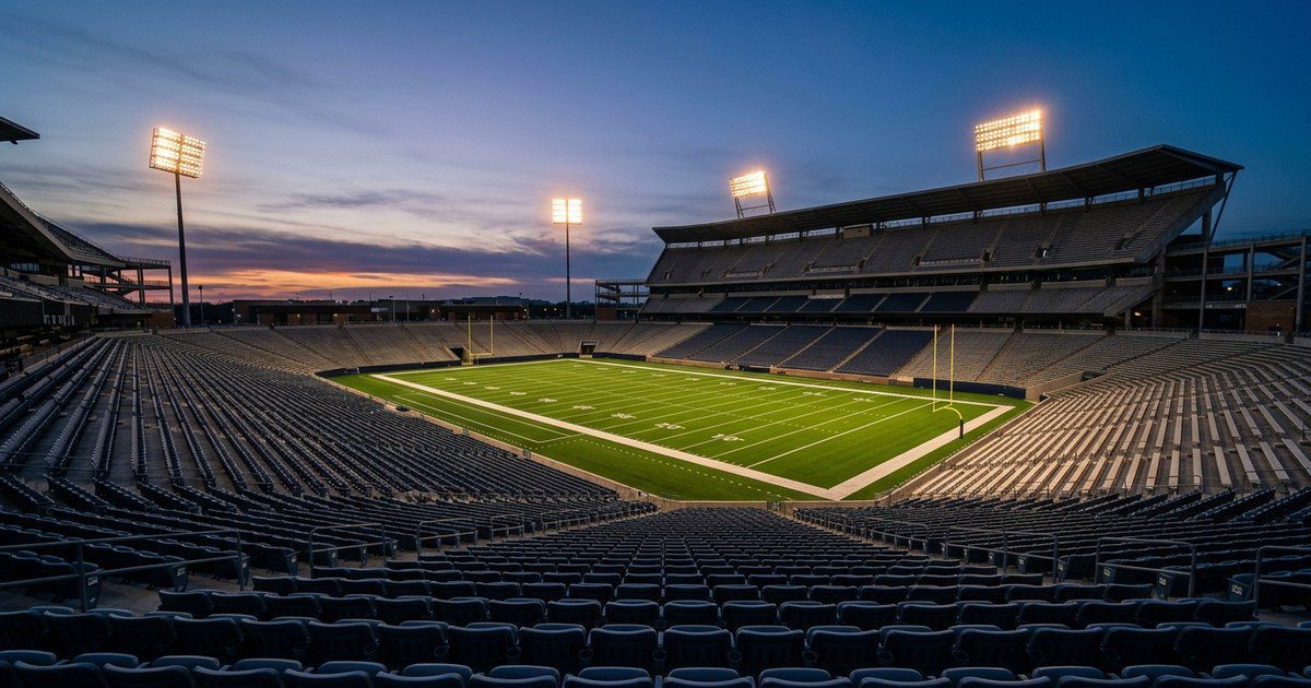Empty football stadium at dusk with floodlights on