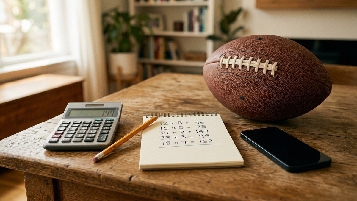 Calculator, notepad of multiplication sums and a football on a wooden table