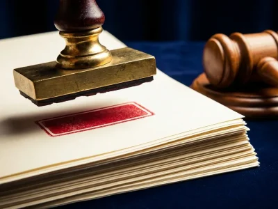 A brass rubber stamp lifted above a stack of legal papers, leaving a blank red ink mark, with a judge's gavel beside it on navy velvet