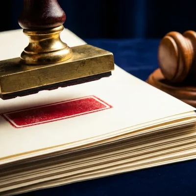 A brass rubber stamp lifted above a stack of legal papers, leaving a blank red ink mark, with a judge's gavel beside it on navy velvet