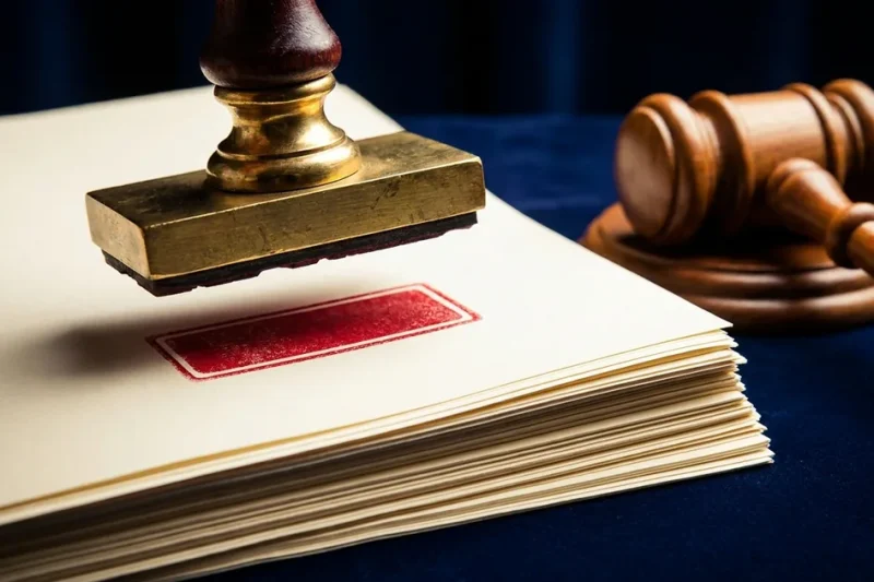 A brass rubber stamp lifted above a stack of legal papers, leaving a blank red ink mark, with a judge's gavel beside it on navy velvet