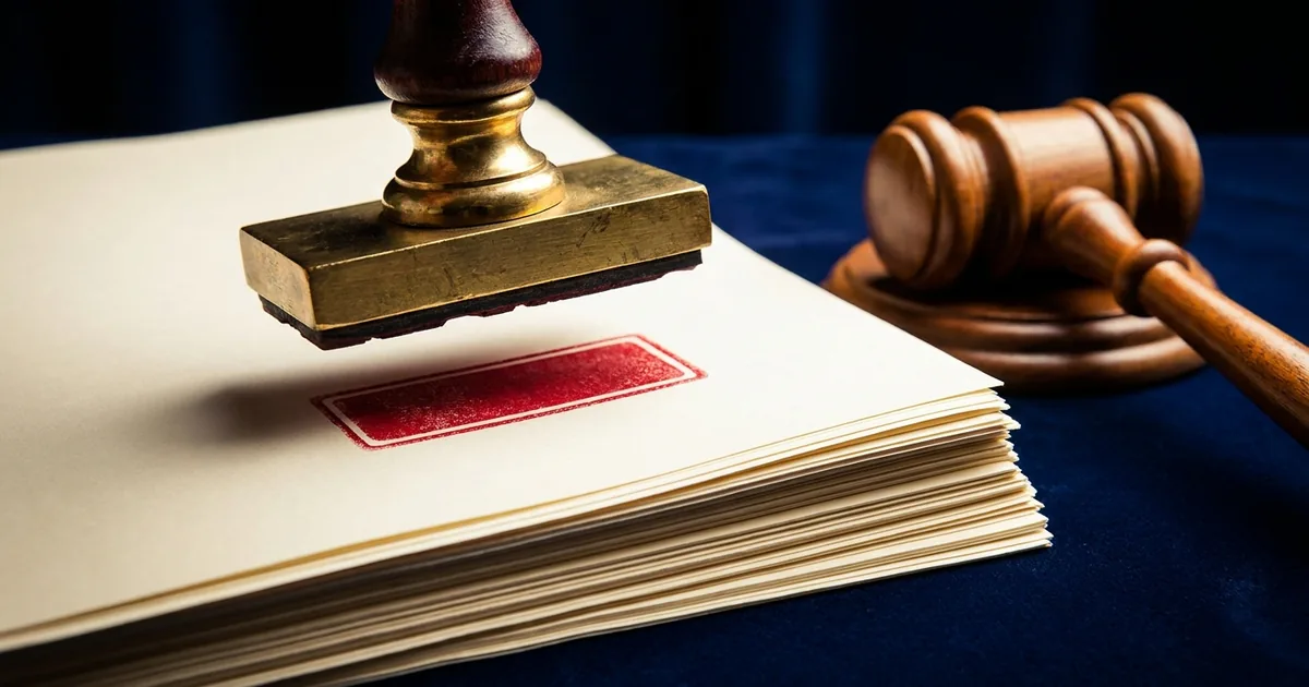 A brass rubber stamp lifted above a stack of legal papers, leaving a blank red ink mark, with a judge's gavel beside it on navy velvet