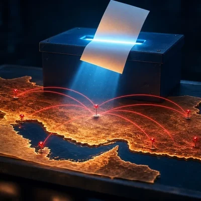 A ballot slipping into a ballot box above a glowing map of Iran marked with red strike routes