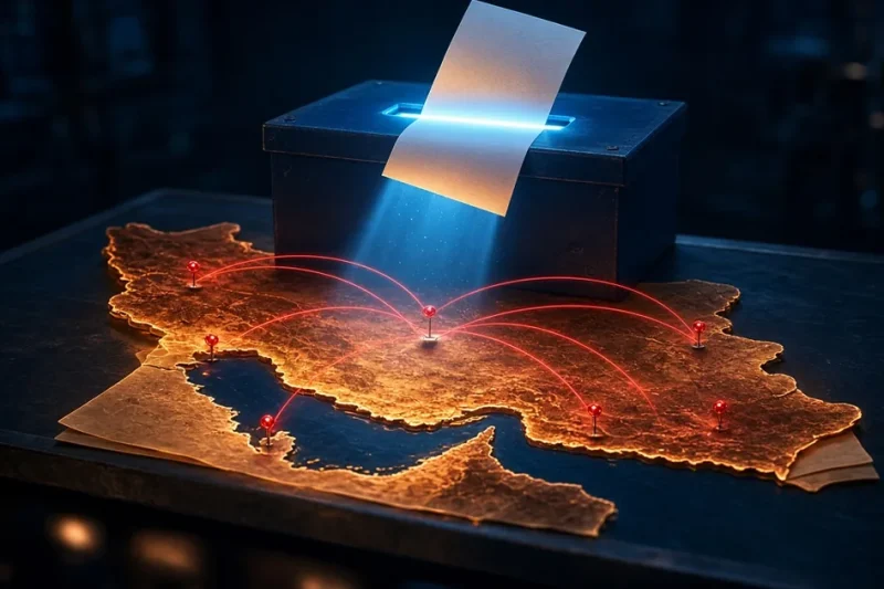 A ballot slipping into a ballot box above a glowing map of Iran marked with red strike routes