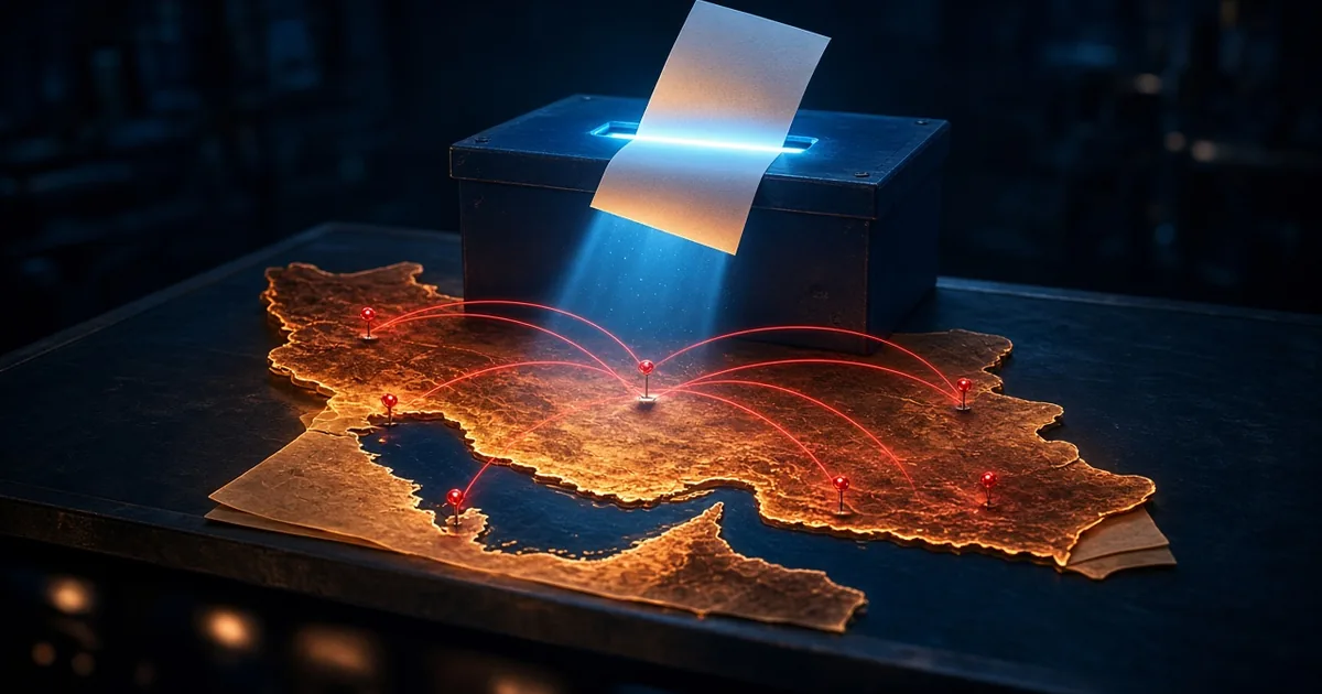 A ballot slipping into a ballot box above a glowing map of Iran marked with red strike routes