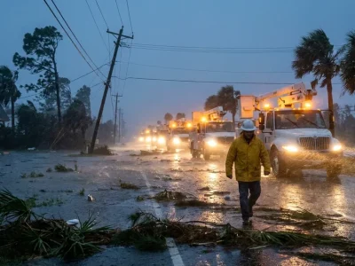 A utility lineman in a yellow rain jacket and white hard hat walks along a debris-strewn coastal highway at dusk in driving rain, with a line of bucket trucks behind him and palm trees bending in the wind