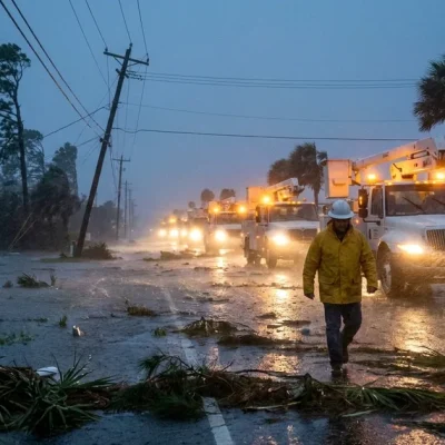 A utility lineman in a yellow rain jacket and white hard hat walks along a debris-strewn coastal highway at dusk in driving rain, with a line of bucket trucks behind him and palm trees bending in the wind