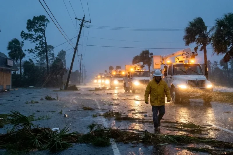 A utility lineman in a yellow rain jacket and white hard hat walks along a debris-strewn coastal highway at dusk in driving rain, with a line of bucket trucks behind him and palm trees bending in the wind