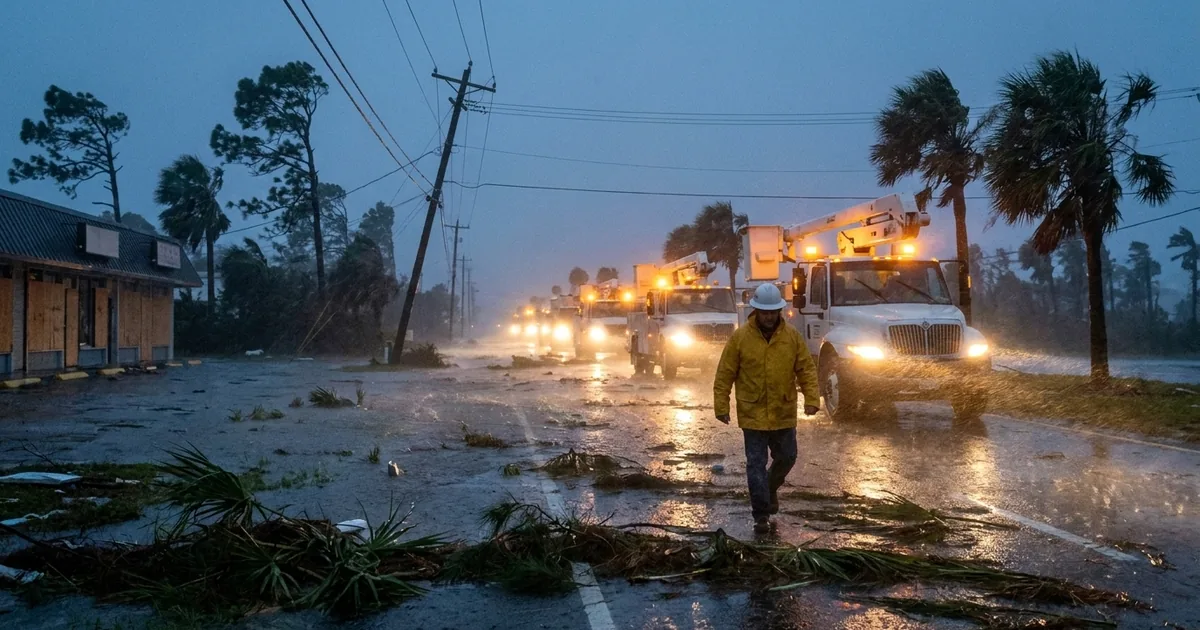 A utility lineman in a yellow rain jacket and white hard hat walks along a debris-strewn coastal highway at dusk in driving rain, with a line of bucket trucks behind him and palm trees bending in the wind