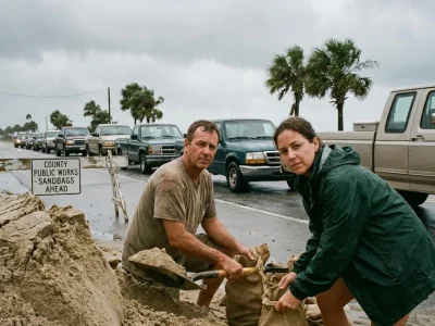 Two residents fill sandbags from a pile of sand beside a line of pickup trucks under a gray sky on a Gulf Coast road