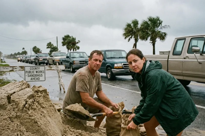 Two residents fill sandbags from a pile of sand beside a line of pickup trucks under a gray sky on a Gulf Coast road