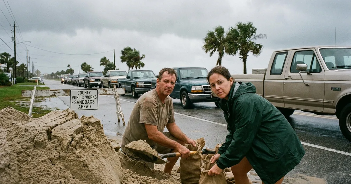 Two residents fill sandbags from a pile of sand beside a line of pickup trucks under a gray sky on a Gulf Coast road