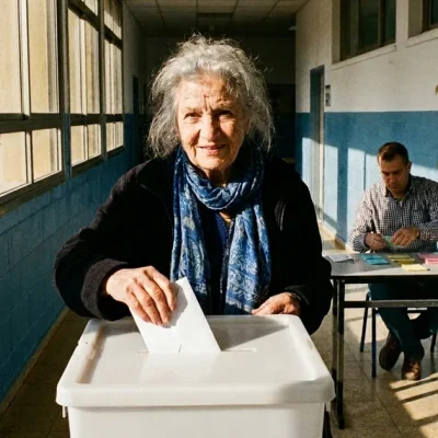An elderly woman in a blue scarf looks into the camera as she drops a white envelope into a ballot box at an Israeli polling station, with an election worker and an Israeli flag behind her.