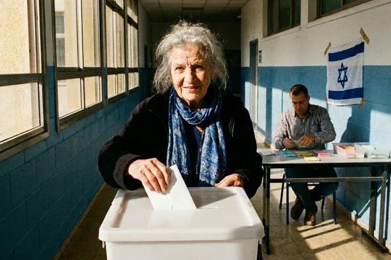 An elderly woman in a blue scarf looks into the camera as she drops a white envelope into a ballot box at an Israeli polling station, with an election worker and an Israeli flag behind her.