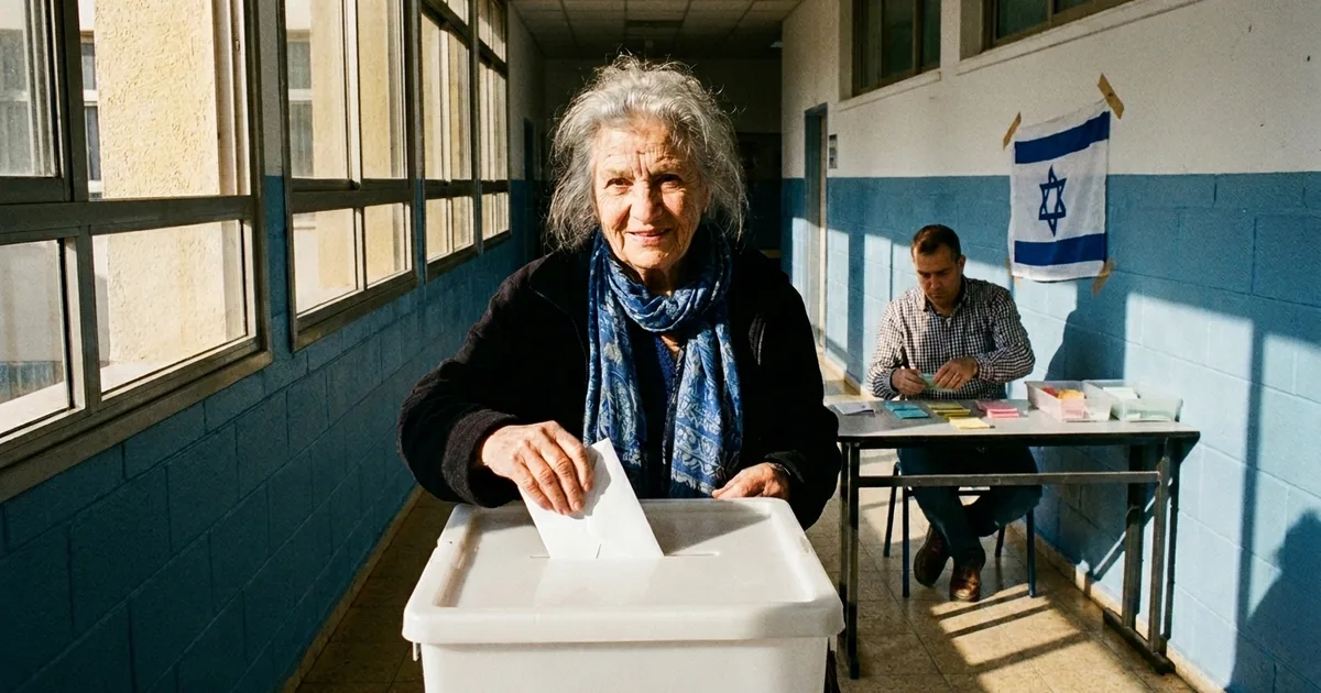An elderly woman in a blue scarf looks into the camera as she drops a white envelope into a ballot box at an Israeli polling station, with an election worker and an Israeli flag behind her.