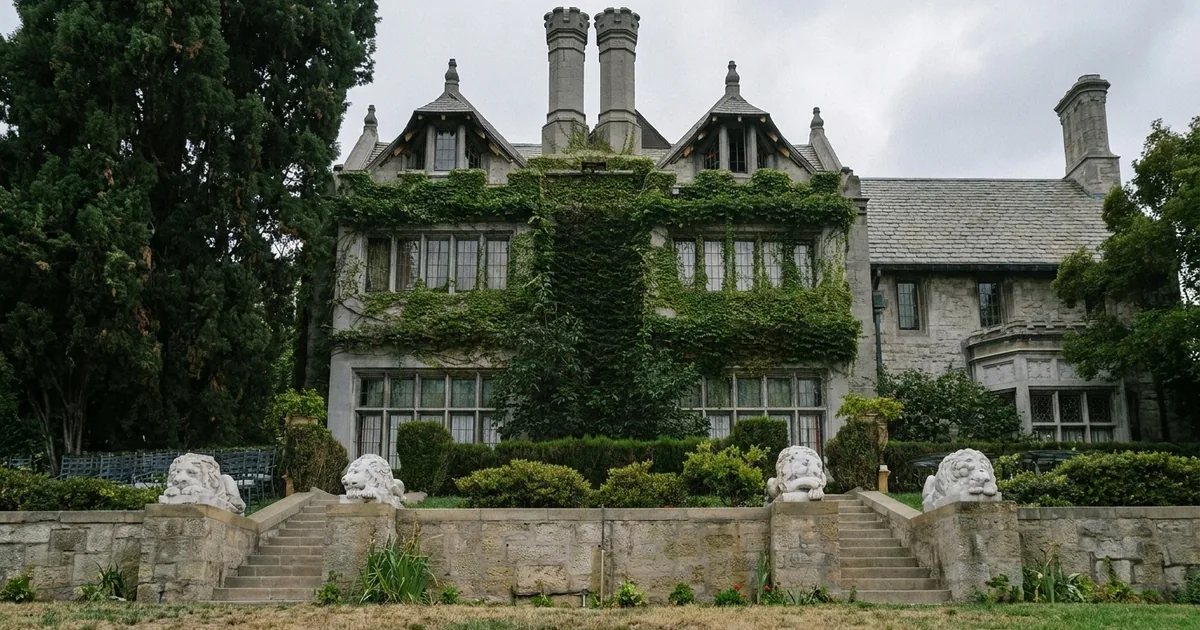 The ivy-covered Gothic-Tudor stone facade of the Playboy Mansion under an overcast sky, with stone lion statues along the terrace wall