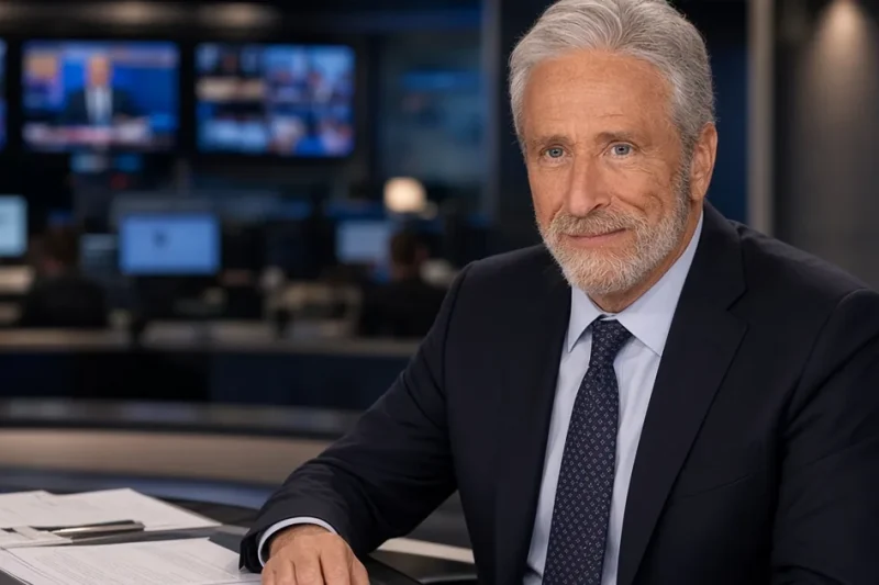 Jon Stewart seated at a news desk with papers, looking toward the camera in a television studio