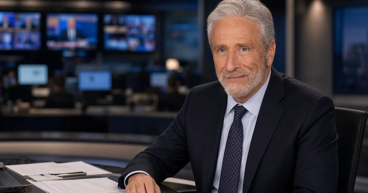 Jon Stewart seated at a news desk with papers, looking toward the camera in a television studio
