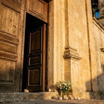 Votive candles and white flowers on the stone step of an old limestone church, its wooden door slightly open, in late-afternoon sun