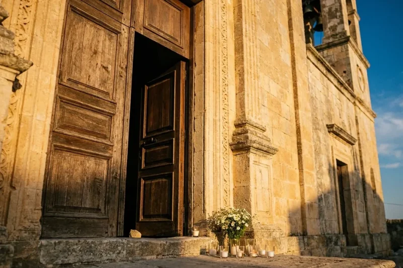 Votive candles and white flowers on the stone step of an old limestone church, its wooden door slightly open, in late-afternoon sun