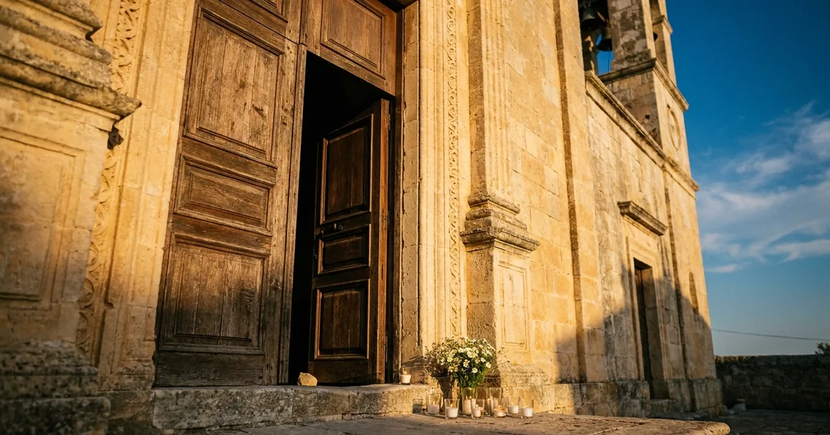 Votive candles and white flowers on the stone step of an old limestone church, its wooden door slightly open, in late-afternoon sun
